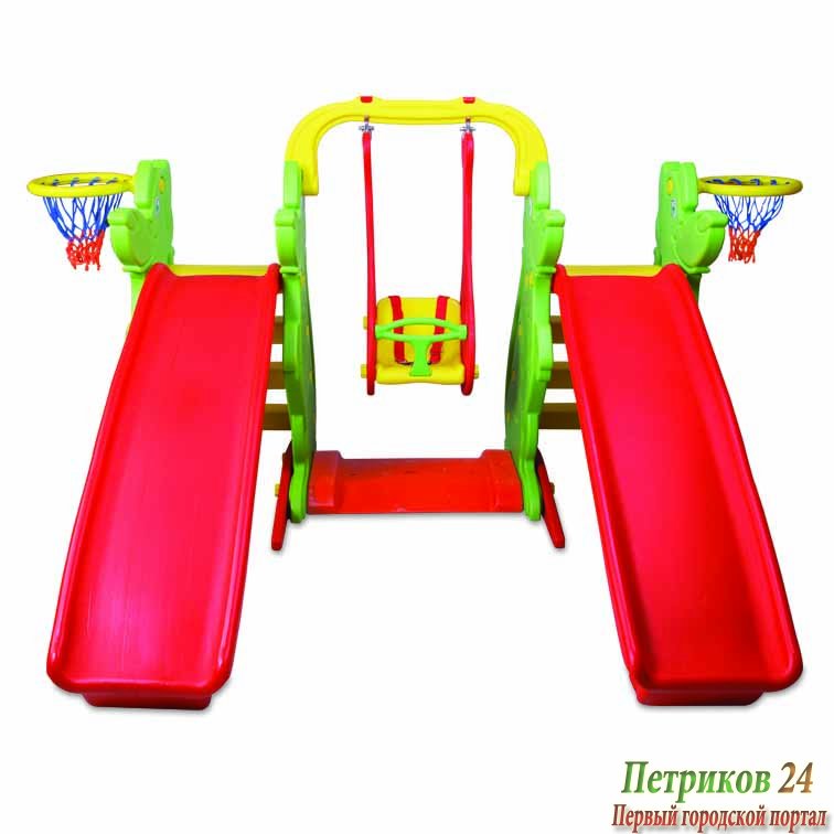 Игровой компекс для двойни и погодков (2 горки, 2 баскетбольных кольца и качели)