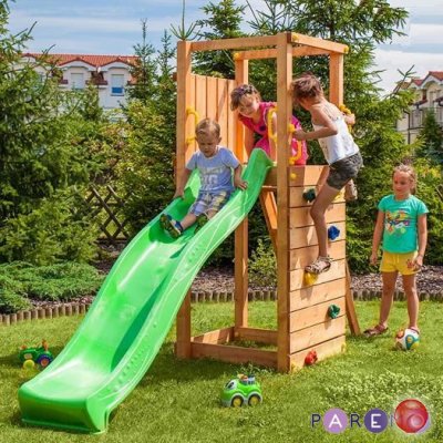 Игровой набор для детской площадки: башня с скалолазной досткой, горкой и ограждением под песочницу