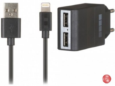 Сетевое зарядное устройство InterStep RT 2xUSB 2А + кабель Apple8pin MFI (черный)